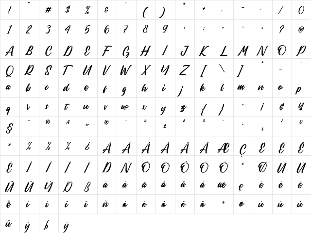 Lastwinter Regular  glyph index