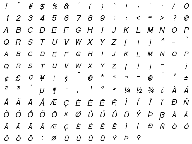 Engraver-Condensed Italic  glyph index