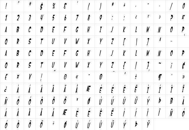 SF Ferretopia Oblique  glyph index