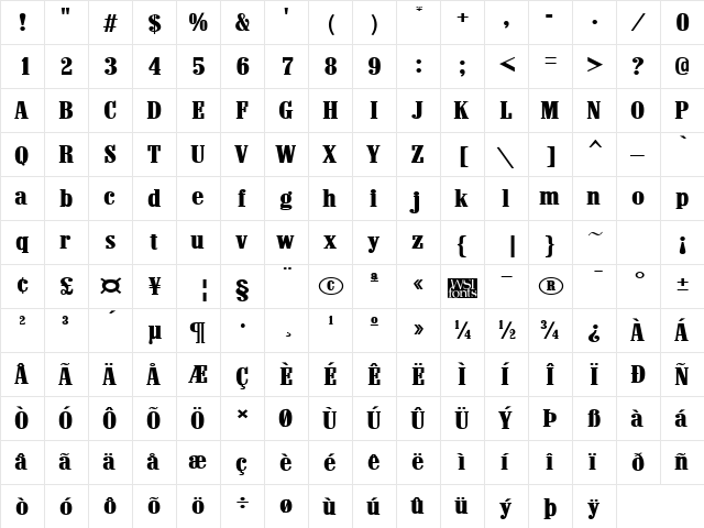 MarlboroWide Regular  glyph index