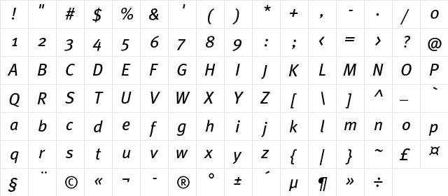 MetaBookC Italic  glyph index