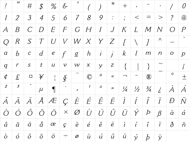 Cantoria MT Italic  glyph index