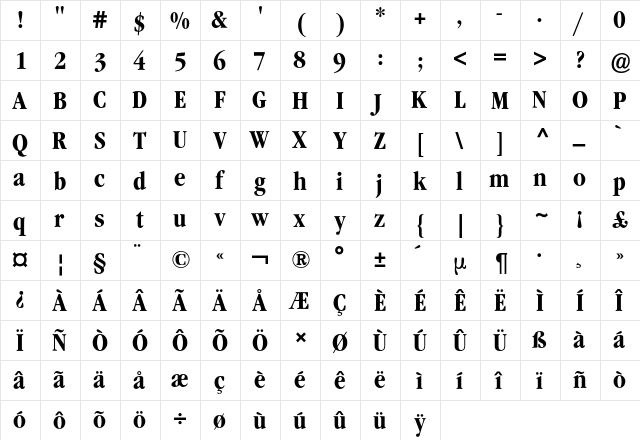 Garamond ITC Condensed BQ Regular  glyph index