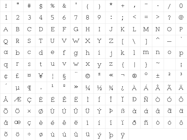 Bennington Regular  glyph index