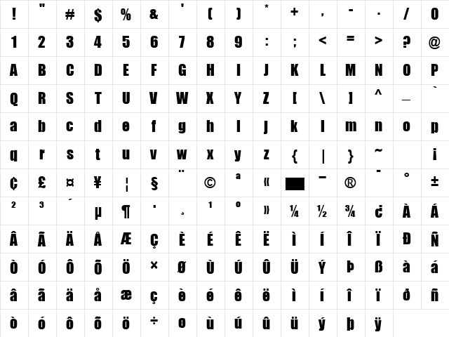 Billboard Regular  glyph index