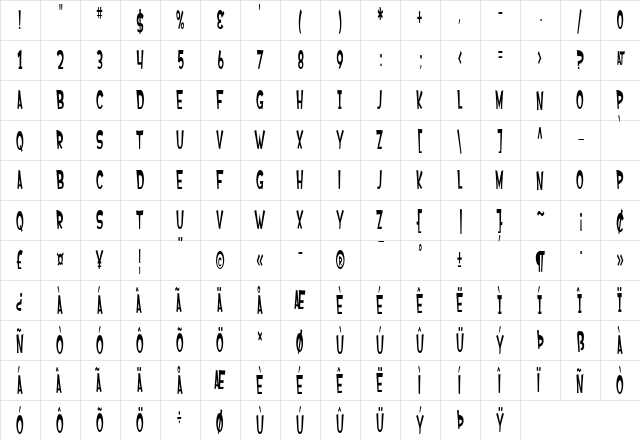 SF Ferretopia Regular  glyph index
