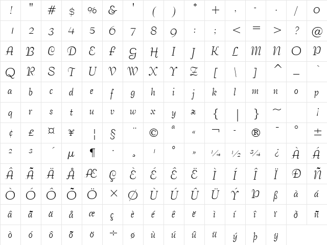 BernhardTango BT Regular  glyph index
