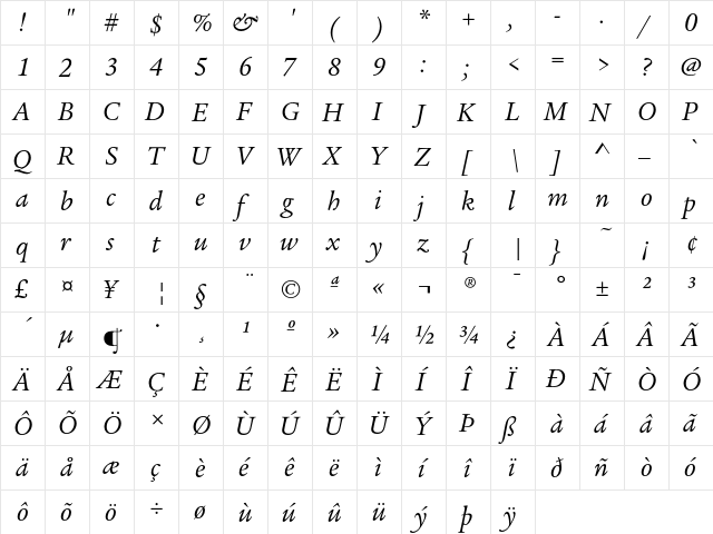 LegacySerifEF BookItalic  glyph index