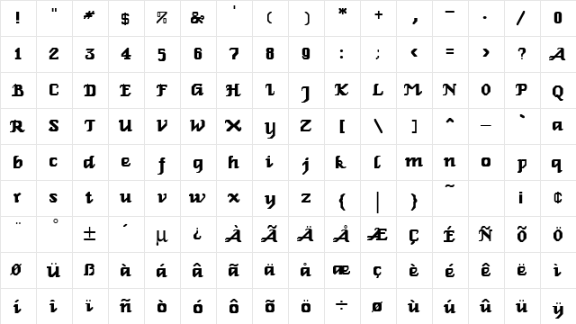 Relbe Regular  glyph index