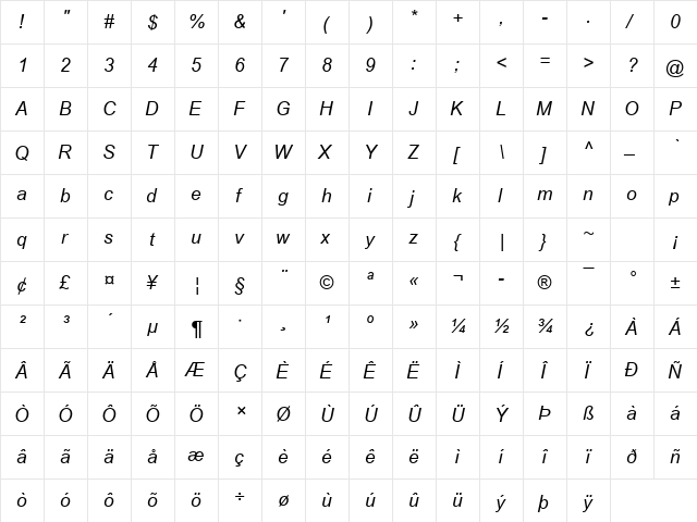 Utsaah Italic  glyph index