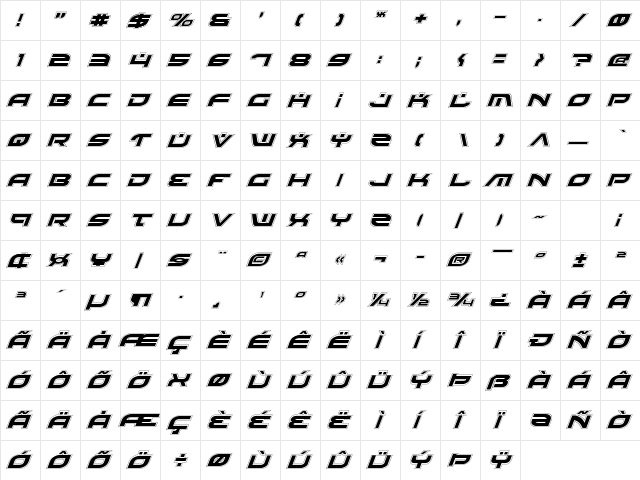 Battlefield Pro Italic Pro Italic  glyph index