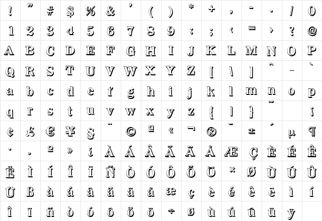 WichitaShadow Bold  glyph index