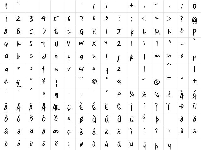 The Tourist Regular  glyph index