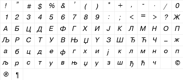 Helvetica-Cirilica Italic  glyph index