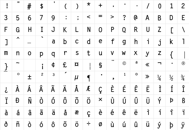 Sandy II Bold Regular  glyph index