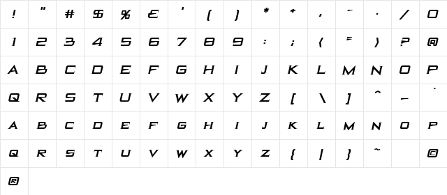 BlackHole BB Italic  glyph index