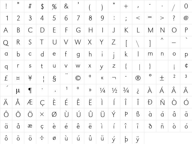 URWGroteskTExtLig Regular  glyph index