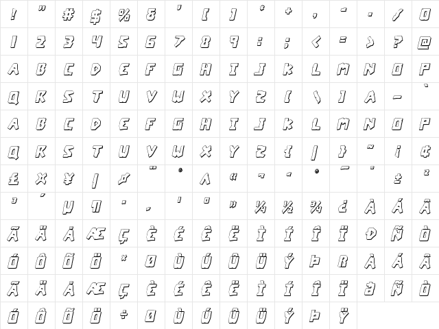 Coffin Stone 3D Italic Italic  glyph index