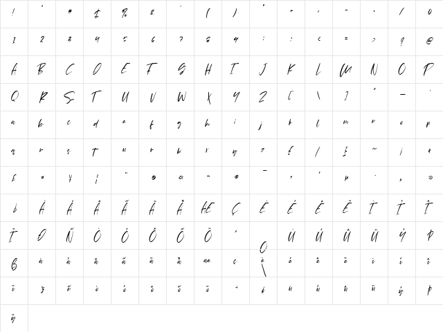 Pejuang Cinta Regular  glyph index