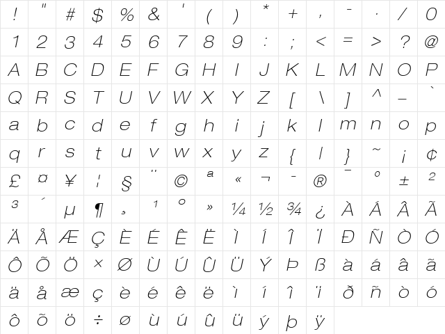 HelveticaNeue ThinExt Italic  glyph index