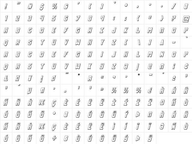 Urban Defender 3D Italic Italic  glyph index