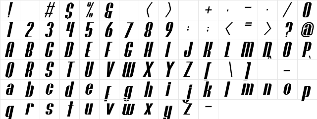 Brasham Reguler Italic Demo Italic  glyph index