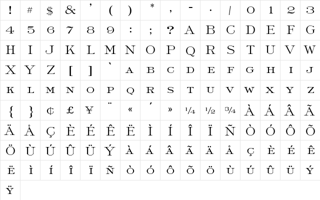 Roman Light AT Regular  glyph index