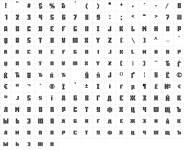RodchenkoInlineCTT Regular  glyph index