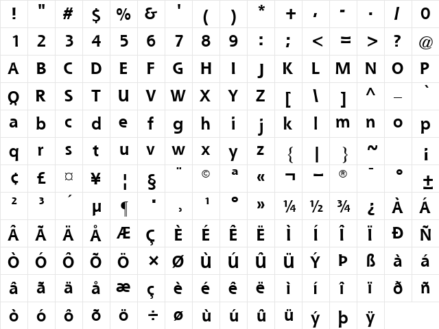 QueSSK Bold  glyph index