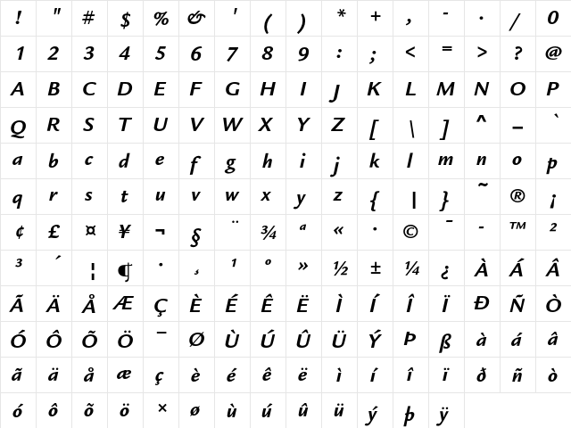 Legacy Sans ITC Bold Italic  glyph index