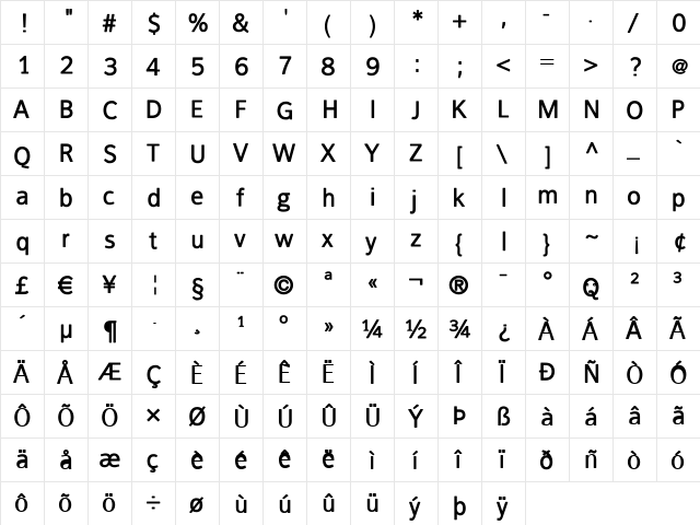 FranKleinBold Regular  glyph index