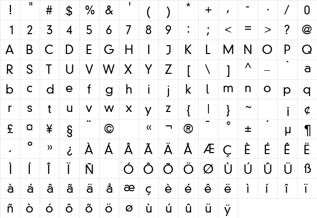 ParallaxGroteskLightSSK Regular  glyph index