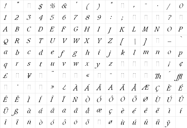 Caxton Light Italic Regular  glyph index