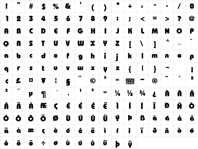 BordeauxBlack Regular  glyph index