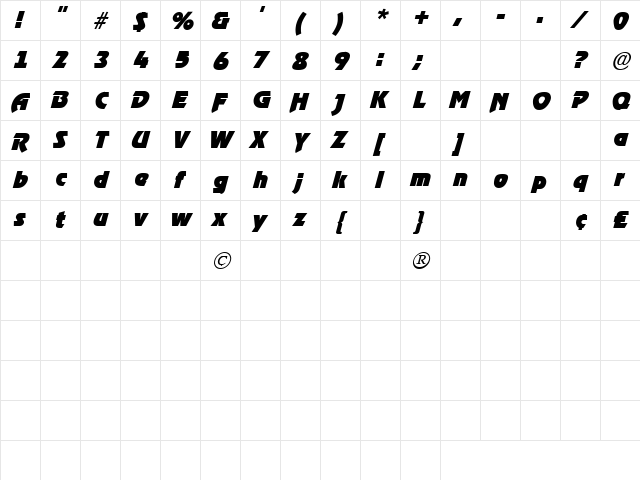 Blue Jeans 3 Italic  glyph index