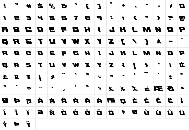 Ore Crusher Leftalic Italic  glyph index