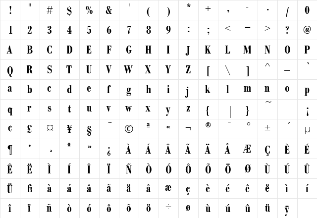 BodoniEF DemiBoldCond  glyph index