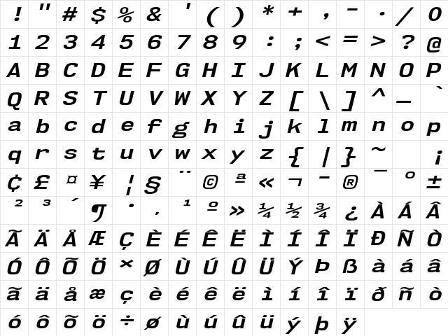 NK57 Monospace Expanded Bold Italic  glyph index
