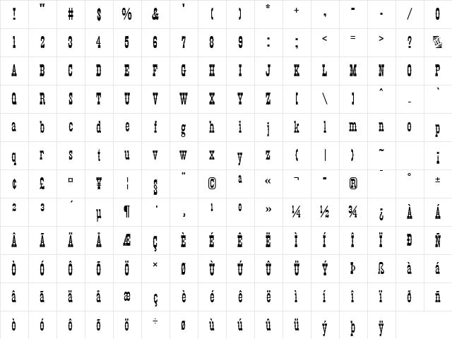 Buffalo Gal MT Regular  glyph index