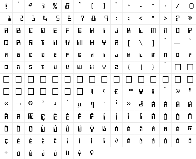 Micr DB Regular  glyph index