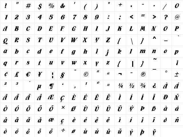 Fuego Regular  glyph index