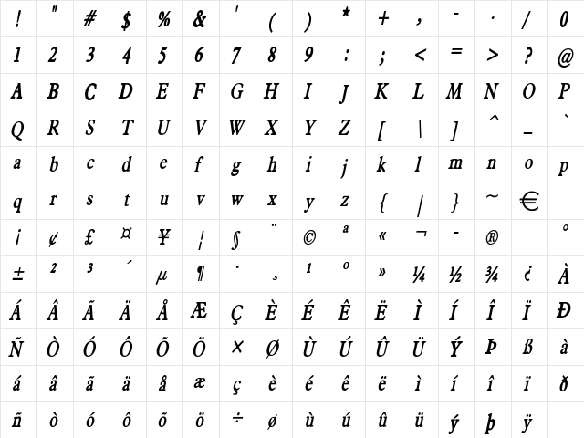 NadineThin BoldItalic  glyph index