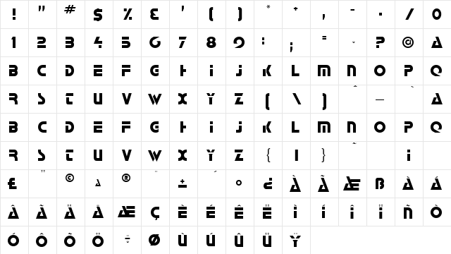 Galactican Regular  glyph index