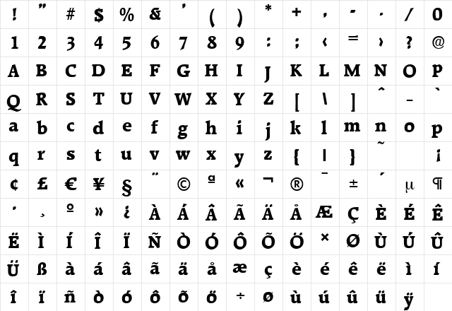 RaleighSerial-Xbold Regular  glyph index