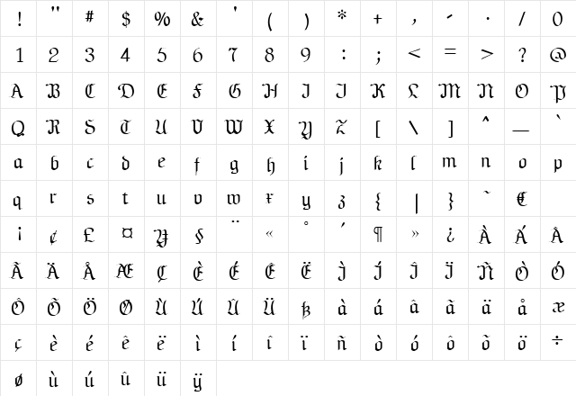 Friedrich Regular  glyph index