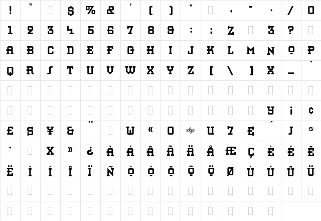 Retro Bold Plain  glyph index