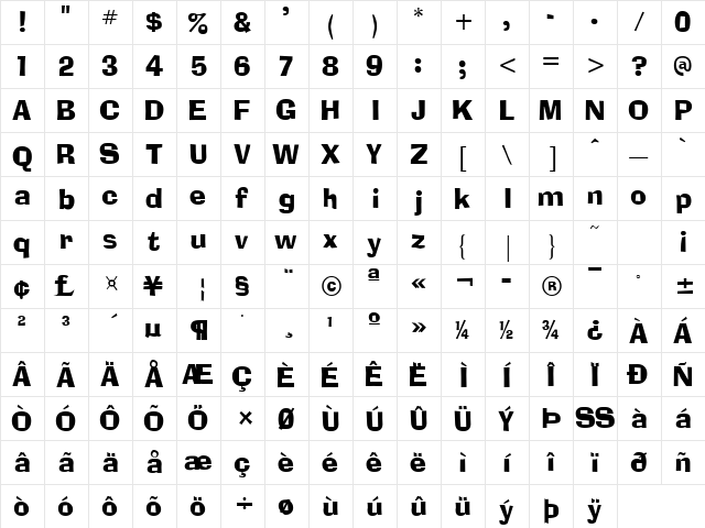 Blox Condensed Regular  glyph index