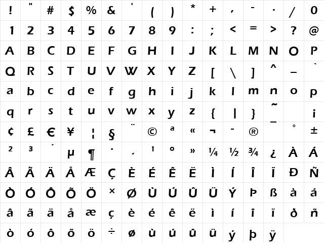 Ennis-Demi Regular  glyph index