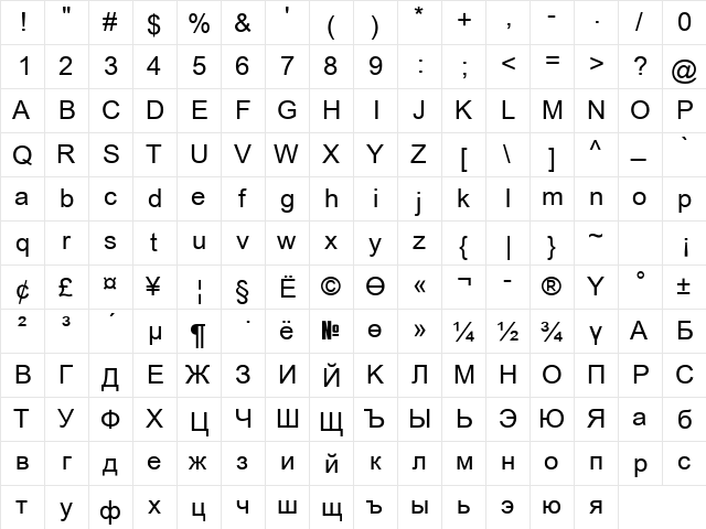 SUNA Arial Regular  glyph index
