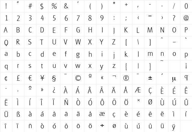 GlasgowSerial-Xlight Regular  glyph index